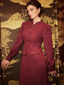 BELROSIE Gaun Panjang Wanita Elegan, Modis, Nyaman, dan Kasual dengan Desain Kancing Logam - Burgundy - View 4