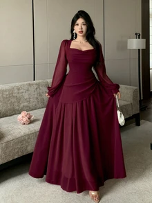 Modelyn 垂領泡泡長袖收腰不對稱百褶雪紡喇叭裙 - 紅色 - 查看 4