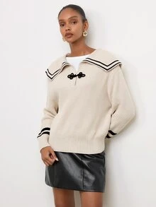 Maija Women's Striped Sailor Collar Button Design Long Sleeve Sweater - Apricot - View 4