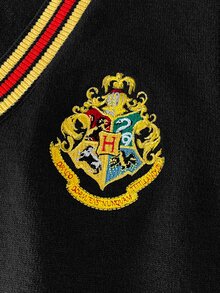 PrepCrw HARRY POTTER X SHEIN 兒童青少年男孩V領撞色學院風刺繡針織背心，秋季萬聖節 針織上衣，秋冬 2026 - 黑色 - 查看 3