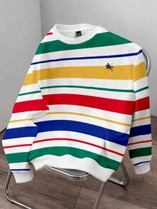 OlaRiff Casual Men's Colorful Striped Print 100% Cotton Pullover Sweatshirt, Fleece Sweatshirt, Suitable For Autumn/Winter - Multicolor - View 4