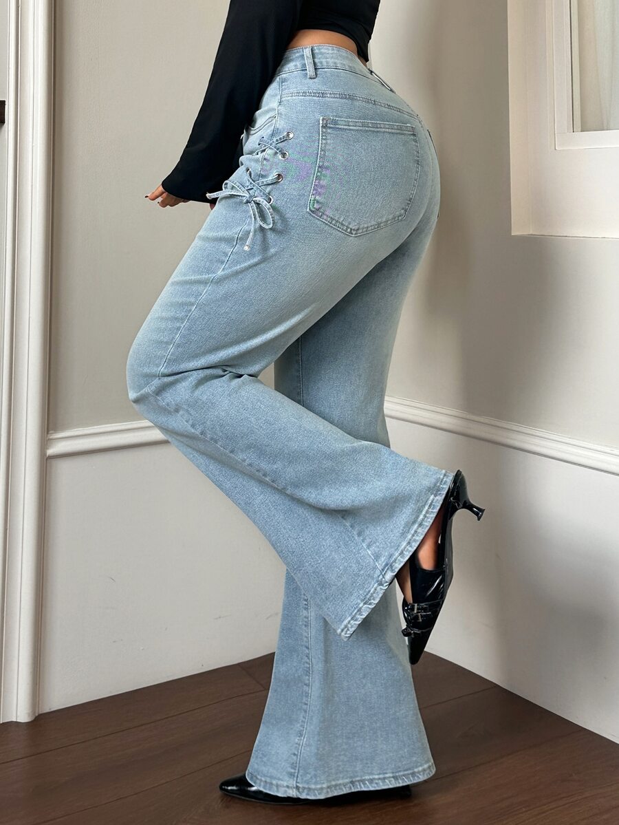 Dazy Plus Elastic Skinny Sexy Elegant Side Tie Design Flare Long Denim Jeans Spring Autumn New Style - Light Wash - View 1