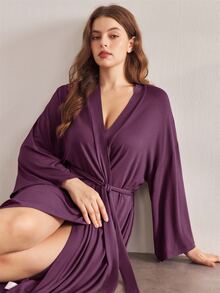 Ocili ثوب نوم مريح وناعم بتصميم بسيط بأكمام متوسطة الطول مقاس كبير - الأرجواني - مشاهدة 2