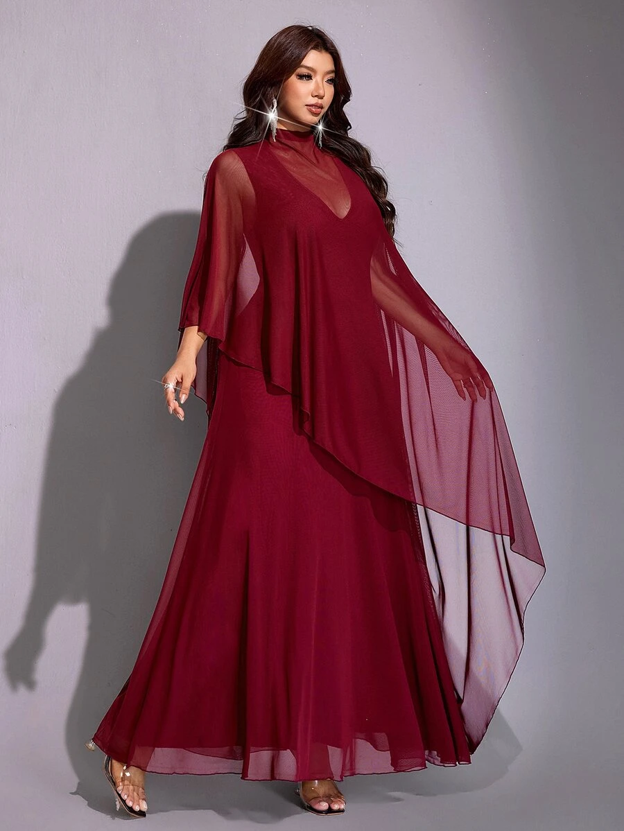 Viva Relle Plus Size Mesh Ethereal Stand Collar Cape Shawl 2 Pieces Set - Burgundy - View 1