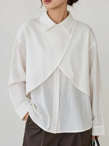 Dazy-Less Women's White Turn-Down Collar Button Long Sleeve Loose Casual Commute Versatile Elegant Blouse, Autumn/Winter - White - View 3