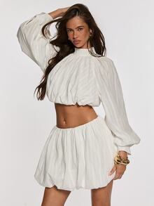 Opulessa Women's Solid Color Pleated Long Sleeve Top And Shorts Casual 2 Pieces Set - White - View 3