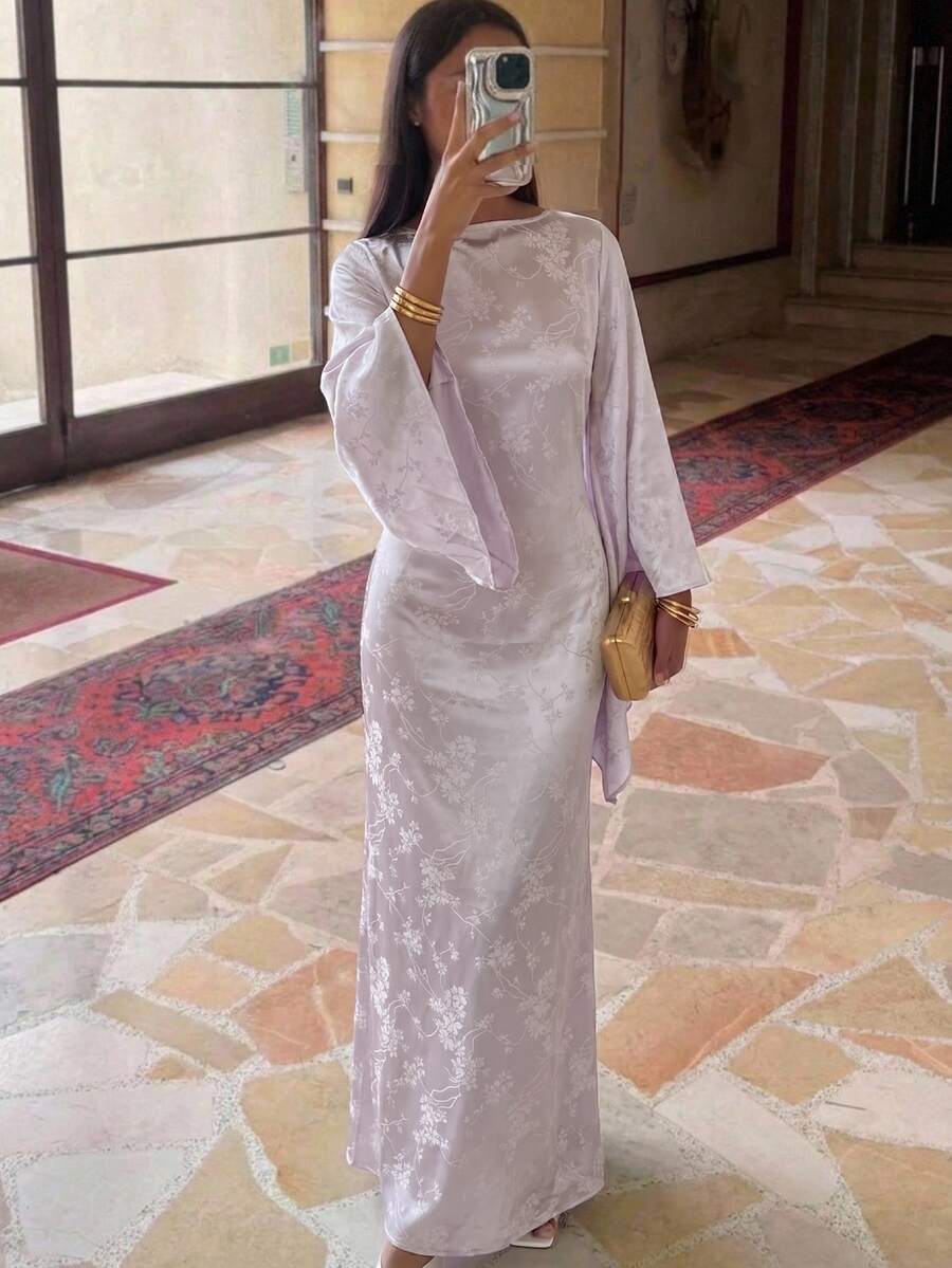 Aloruh 女款緹花喇叭袖修身優雅洋裝 - 紫丁香色 - 查看 1