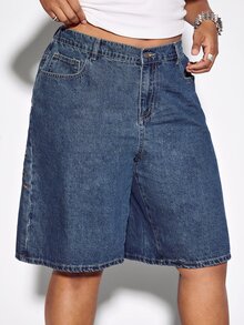 ROMWE Street Life Y2K Vintage Unisex Street Punk Spider Web Embroidered Loose Wide Leg Plus Size Women's Denim Mid-Length Pants - Blue - View 3