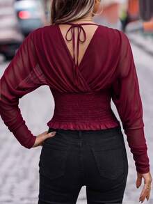 Trelyra Women's Mature Style Burgundy Deep V-Neck Metal Zipper Mesh Top, Batwing Sleeve Ruched Cinched Waist Long Sleeve Base Layer - Burgundy - View 2