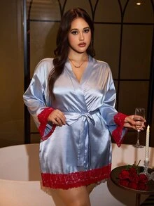 SilkySpell Contrast Color Lace Trim Patchwork Faux Silk Sexy Nightgown - Dusty Blue - View 1