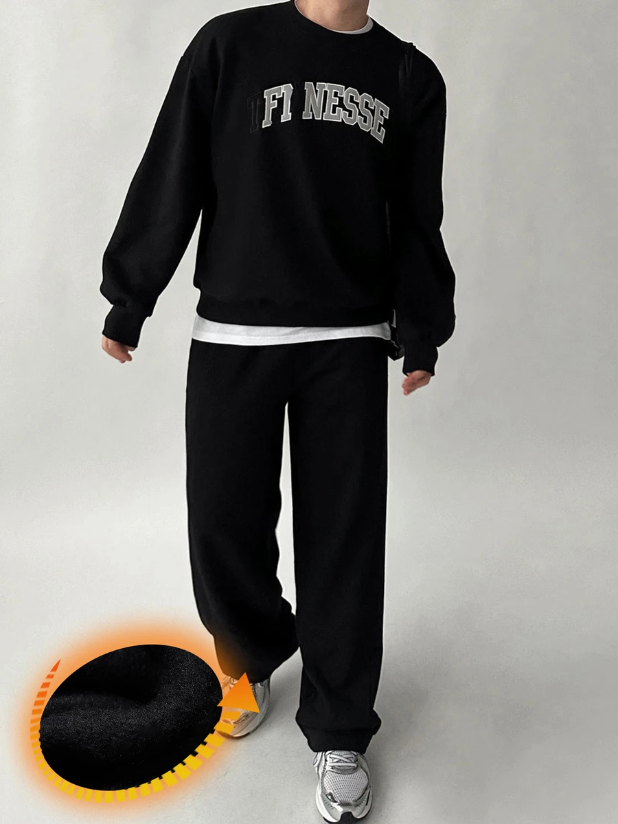 DAZY Sweatshirt Fleece Hitam Musim Gugur/Dingin dengan Bordir Patchwork Gaya Korea untuk Pria, Set Sweatshirt Pullover - Hitam - View 1