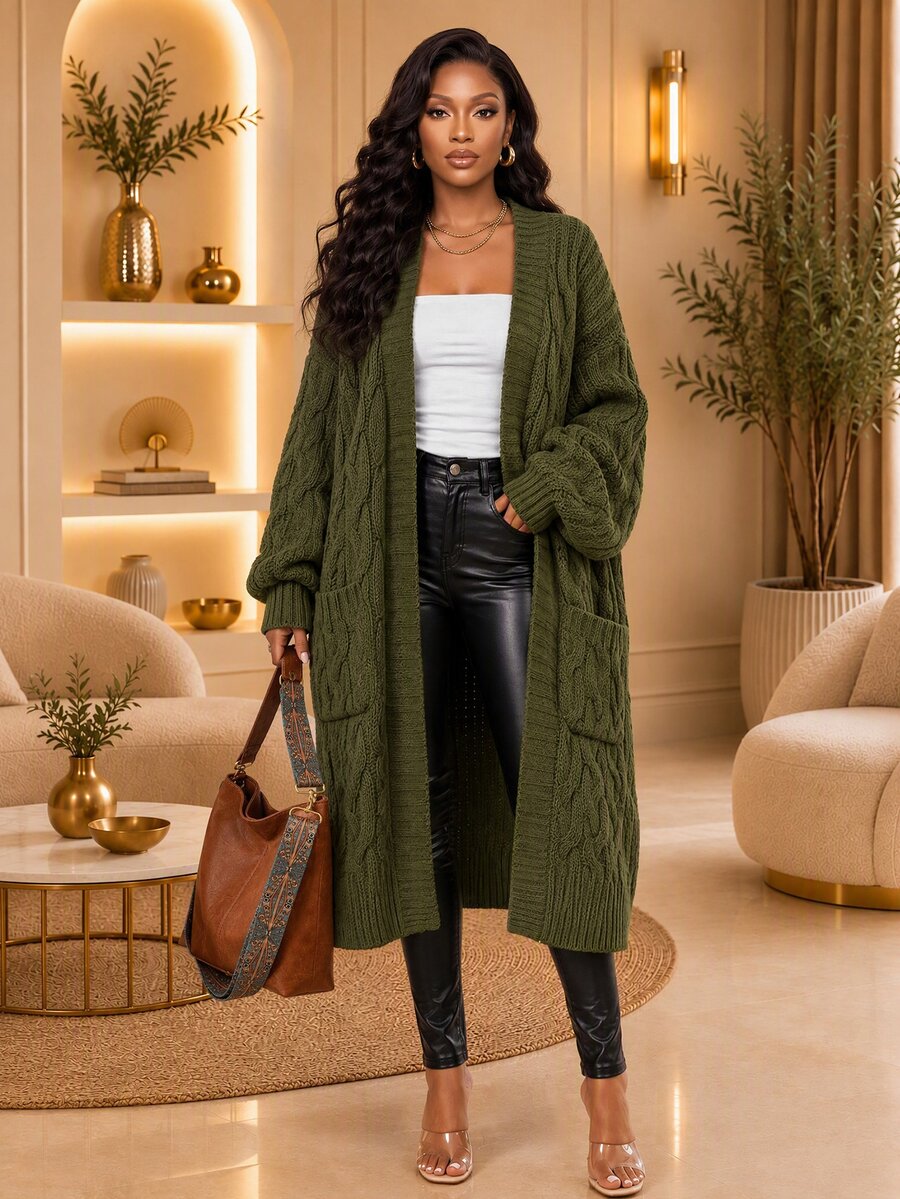 SHEIN Lady Women's Cable Knit Drop Shoulder Long Sleeve Pocket Design Casual Long Cardigan - Black - View 1
