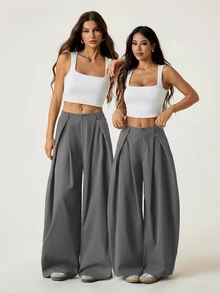 SHEIN PETITE 女款復古休閒寬鬆軍綠色圓弧下擺棉質長褲，舒適，適合嬌小女性 - 深灰色 - 查看 6