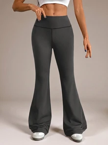 SHEIN Tall 女款素色修身百搭日常穿著喇叭褲 - 深灰色 - 查看 3