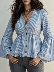 Linhara CURVE Blus Wanita LUMIGAL Leher V Bergaris Lipit Kasual Serbaguna untuk Aktivitas Sehari-hari - Blue and White - View 6