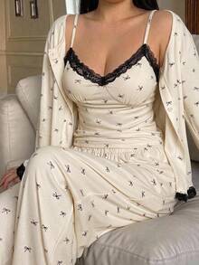 Dazy Plus 3-Piece Bow Print Fitted Camisole Cardigan & Pants Loungewear Pajama Set - Apricot - View 1