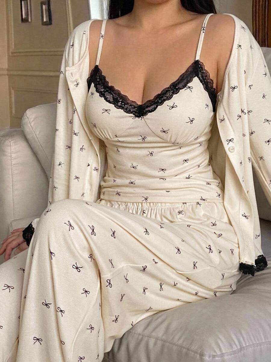Dazy Plus 3-Piece Bow Print Fitted Camisole Cardigan & Pants Loungewear Pajama Set - Apricot - View 1