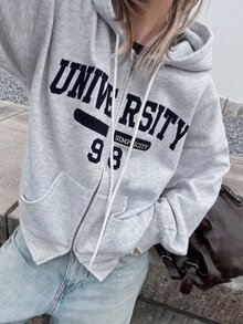FRIFUL 女款刺繡時尚拉鍊連帽衛衣 - 灰色 - 查看 4