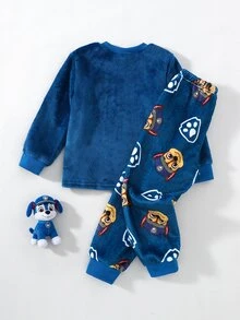 SHEIN | PAW Patrol 小男孩新款極簡時尚優雅卡通圖案法蘭絨印花圓領套頭長袖上衣搭配長褲，舒適居家服 2 件套，柔軟親膚面料 - 藍色 - 查看 2