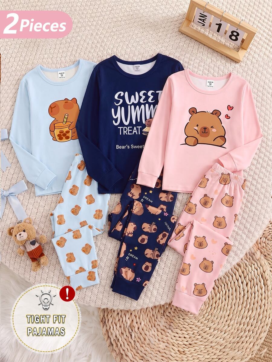 Piyama 2 Potong Motif Kartun Capybara Warna Biru Tua untuk Remaja Perempuan, Bahan Rajut Lembut dan Nyaman, Elastis, Pas Badan, Leher Bulat, Lengan Panjang, Celana Panjang, Cocok untuk Musim Semi, Gugur, dan Musim Dingin. - MultiWarna - View 1