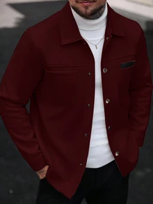 Manfinity CasualCool 男士純色休閒長袖大衣，適合秋冬穿著，灰色鈕扣開襟大衣 - 酒紅色 - 查看 1