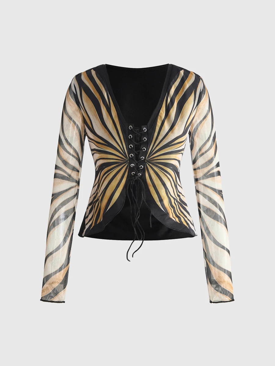 ROMWE Grunge Punk Women's Moth Print Mesh Bell Sleeve Tie-Front Top - Black - View 1