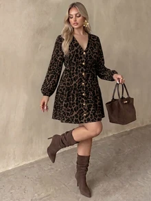 Auralis Gaun Kasual Retro Motif Leopard Leher V Lengan Panjang, Ukuran Besar, Cocok untuk Musim Semi/Gugur, Pesta, Kencan Musim Gugur - MultiWarna - View 4