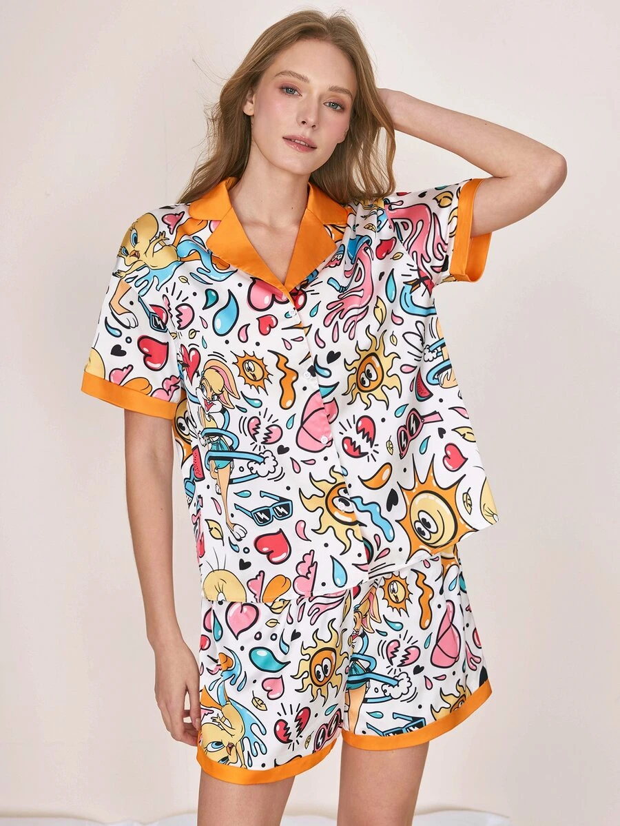 LOONEY TUNES X SHEIN Women's All-Over Print Short Sleeve Top And Shorts Casual Daily Home Sleepwear Set - Orange - View 1