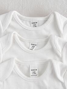 SHEIN 嬰兒新生兒針織純色修身休閒白色秋季連身衣 3件套，長袖 - 白色 - 查看 7