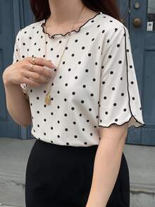 Dazy Plus Colorblock Patchwork Loose Casual Short Sleeve Polka Dot Versatile Spring Summer New T-Shirt - Apricot - View 3