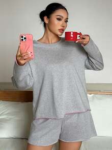Dazy Plus Set Pakaian Santai 2 Potong: Kaos Lengan Pendek Polos Longgar & Celana Pendek Piyama Lurus - Grey - View 4