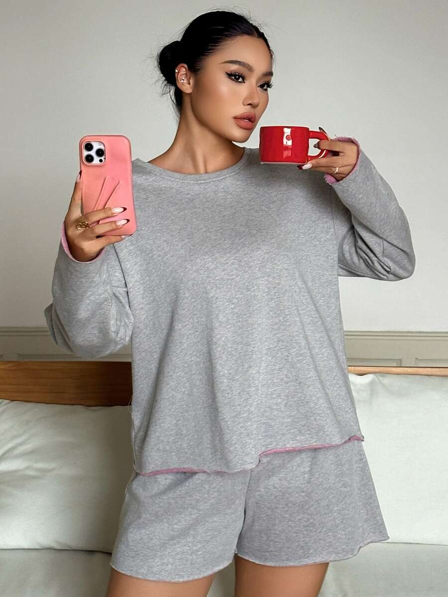 Dazy Plus 2pcs Loose Solid Color Short Sleeve T-Shirt & Straight Leg Short Pajama Pants Lounge Wear Set - Grey - View 1