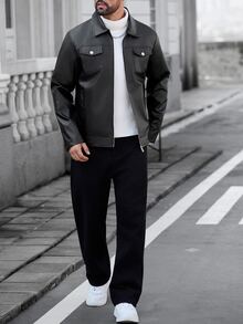 Manfinity CasualCool Men's Solid Color Zipper Casual Versatile Daily Travel Long Sleeve Jacket - Black - View 3
