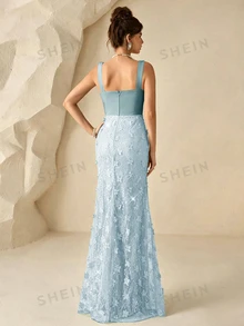 Coutiva Women's Sequin Embroidered Patchwork Twisted Yarn Ruffled Hem Slit Formal Evening Gown (Heavy Craftsmanship) - Baby Blue - View 2
