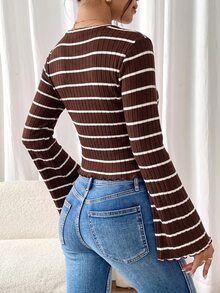 SHEIN Frenchy 女款條紋休閒日常喇叭袖T恤 - 咖啡棕 - 查看 2