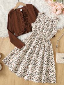 SHEIN Tween Girl Tween Girls Dresses Jacket Set 2pcs Ditsy Floral Autumn/Winter - Brown - View 1