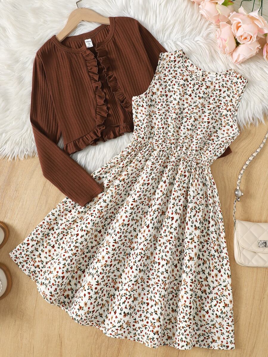 SHEIN Tween Girl Tween Girls Dresses Jacket Set 2pcs Ditsy Floral Autumn/Winter - Brown - View 1