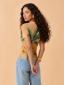 CAJUNI Chic Tropical Vacation Banana Tree Mesh Top - Multicolor - View 2