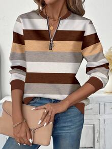 EMERY ROSE Plus Size Women Casual Textured Striped Print Zip-Up Crew Neck Sweatshirt, American Minimalist Style Fall - Multicolor - View 5
