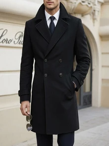 DAZY Men's Mid-Length Double-Breasted Lapel Overcoat With Matching Lining, Autumn/Winter Commuter Style - Black - View 3
