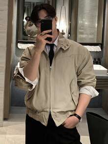 DAZY Spring/Autumn Solid Light Khaki Stand Collar Double Zipper Men's Jacket - Khaki - View 5