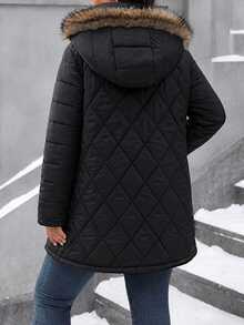 EMERY ROSE Plus Size Casual Black Padded Coat With Pockets, Detachable Fur Collar Hood, Ribbed Cuffs, Mid-Length, Diamond Quilted & Straight Stripe Patchwork - Black - View 2