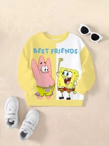 SpongeBob SquarePants | SHEIN 男嬰字母卡通印花圓領長袖運動衫 - 白色 - 查看 1