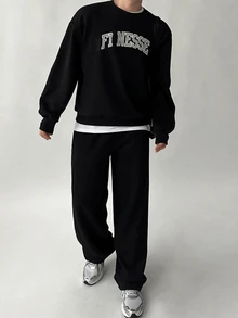 DAZY Autumn/Winter Black Fleece Sweatshirt With Patchwork Embroidery Korean Style Men's Pullover Sweatshirt Set - Black - View 8