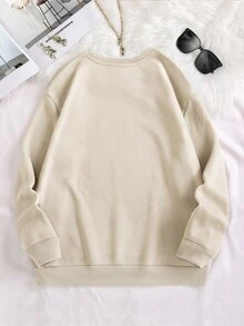 SHEIN LUNE 女款灰色運動衫，寬鬆舒適，刺繡設計，適合秋冬穿著 - 杏色 - 查看 2