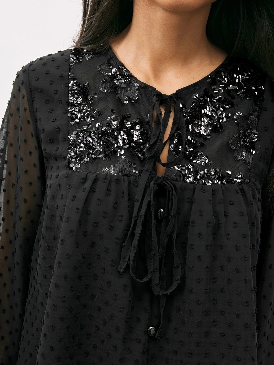 Maija Women's Patchwork Sequin Front Tie Polka Dot Mesh Fashion Blouse - Black - View 1