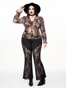 ROMWE Fairycore Vintage Vacation Butterfly Print Front Tie Frill Trim Plus Size Women's Top - Multicolor - View 9