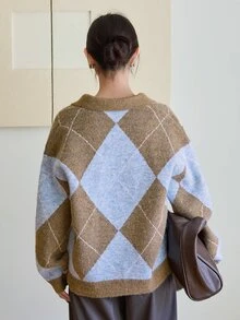Dazy-Less Women's Diamond Grid Casual Daily Long Sleeve Sweater - Brown - View 2