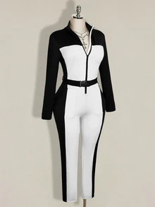 SHEIN ICON Plus Size Retro Y2K Black & White Colorblock Slimming Fitted Thermal Lined Ski Jumpsuit - Black and White - View 12