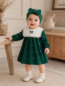 Souflis Souflis 幼女 A 字裙 可愛甜美 深綠色 蕾絲蝴蝶結印花 百褶長袖圓領 常規款 生日派對 秋季保暖 公主學院風 - 彩色 - 查看 7